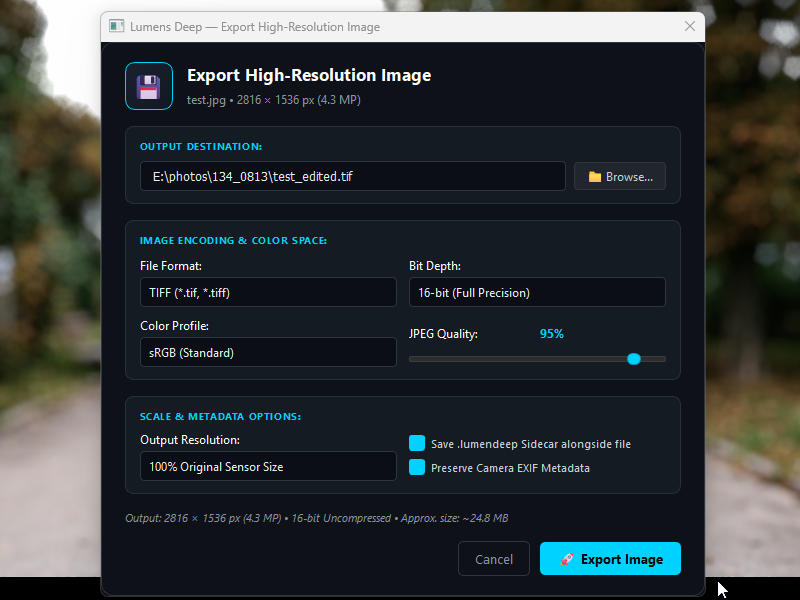 16-Bit High Resolution Export Dialog